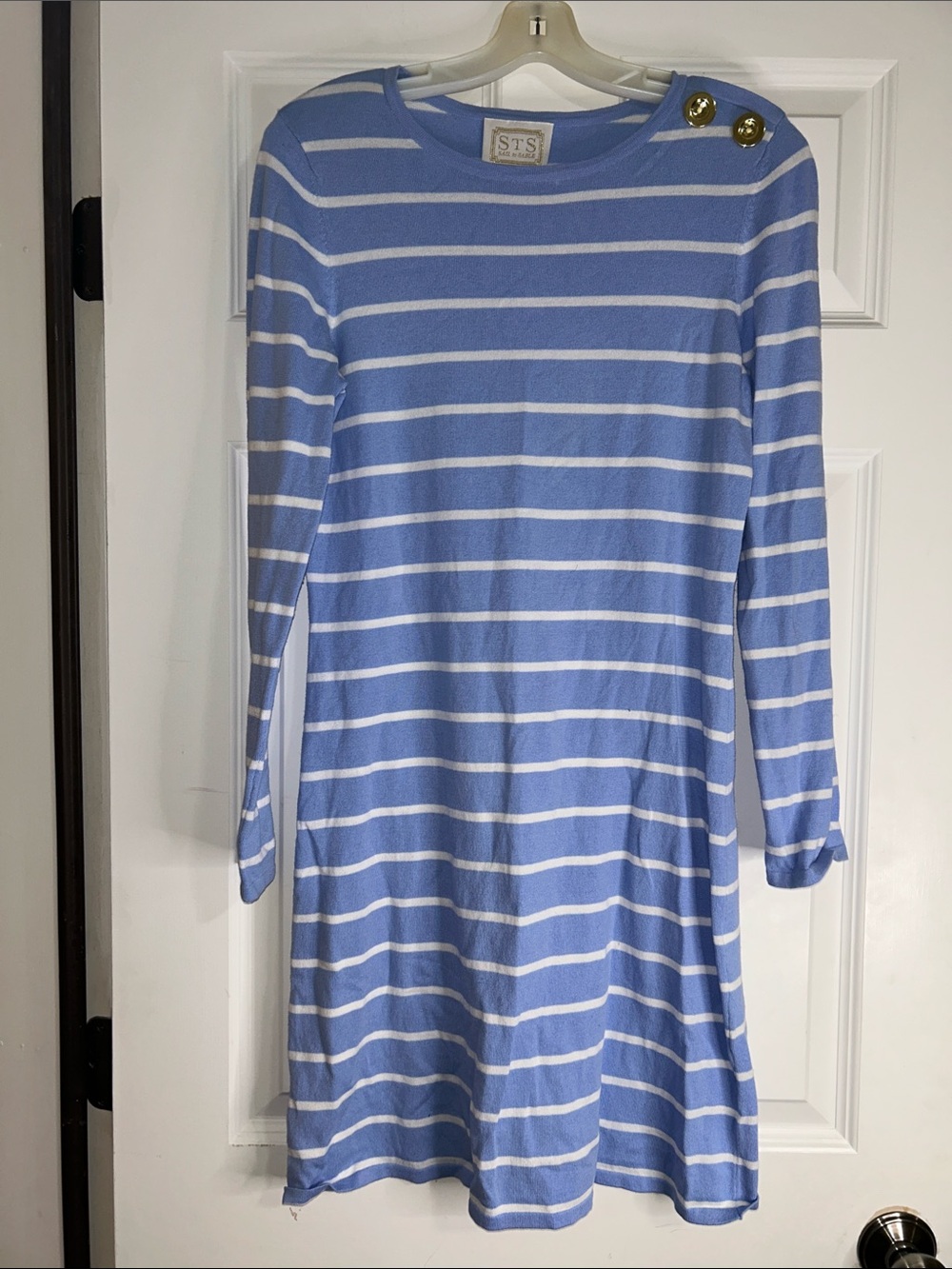 Sail to Sable Light Blue and White Striped Long-Sleeve Dress with Gold Buttons